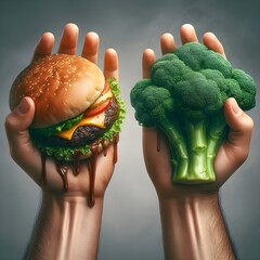 Illustration IA generated showing two hands holding a grease-dripping hamburger and a bunch of...