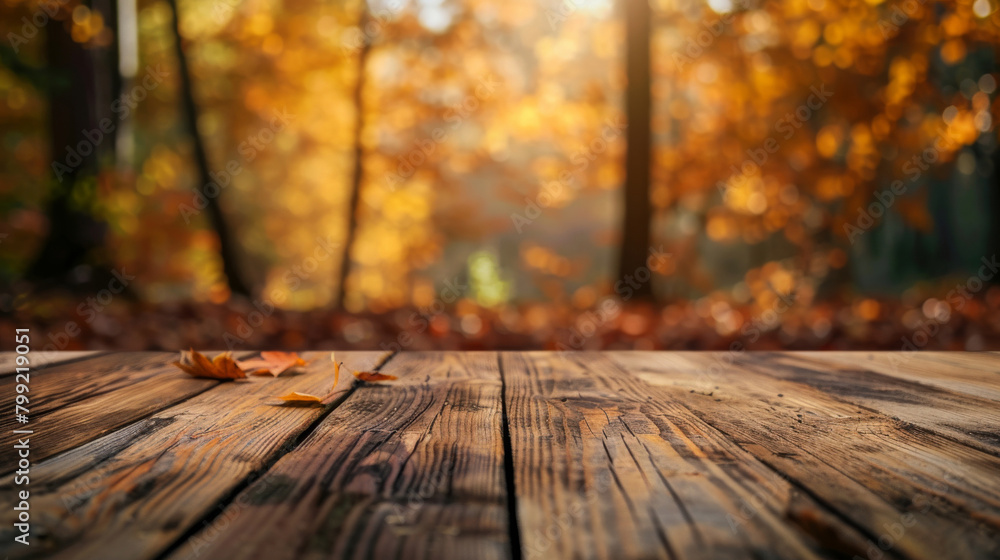 Poster scenic view of an empty wooden deck with vibrant autumn leaves and soft sunlight