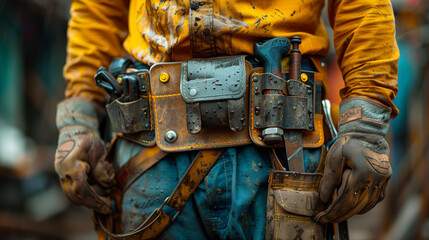 Fototapeta na wymiar Tool belt of a construction worker, filled with tools and gear for a day's work on the job site.