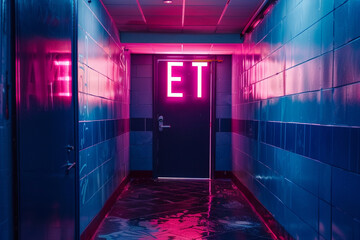A neon exit sign glowing in a dark hallway.