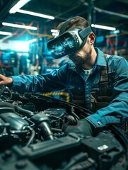 Mechanic Using Augmented Reality Goggles for Car Repair and Maintenance - Innovative Technology in Automotive Industry.