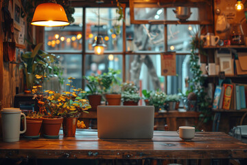 Tranquil working corner in a coffee shop with a MacBook amid vibrant houseplants, exuding a calm remote work atmosphere. AI Generated.