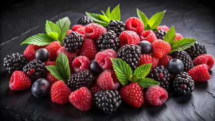 Obraz premium fresh raspberries and blackberries on a black background