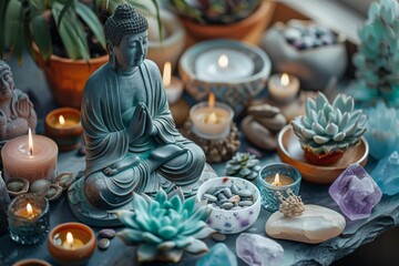 Serene Buddha statue surrounded by succulents, candles, and healing stones promoting mindfulness and peace. AI Generated