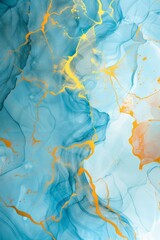 Colors of summer. Abstract texture july or august summer banner. Abstract dusty gold liquid watercolor background with sea blue cracks. Pastel golden marble alcohol ink drawing effect.