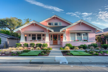 A pristine pastel pink craftsman cottage style home, with a triple pitched roof, front yard landscaping, a quaint sidewalk, and charming curb appeal, reflecting modern elegance.