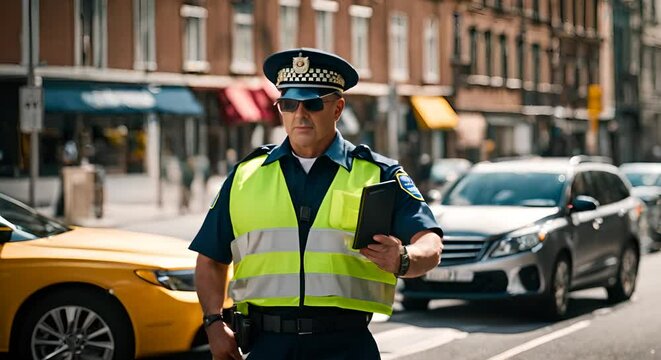 Police officer regulating traffic.