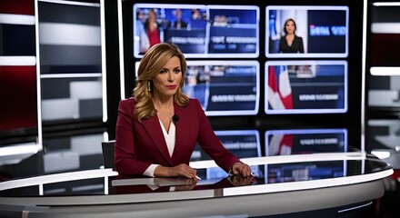 Woman news anchor on the TV set.