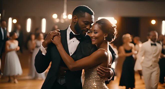 Couple dancing salsa in a dance hall.