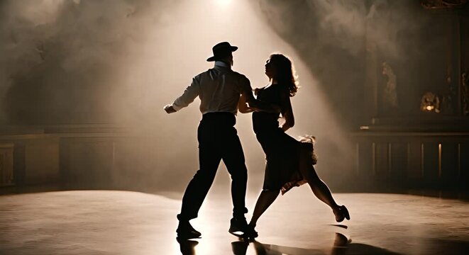Couple dancing salsa in a dance hall.