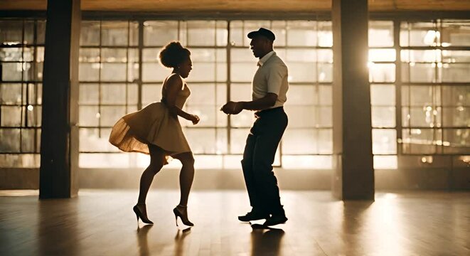 Couple dancing salsa in a dance hall.