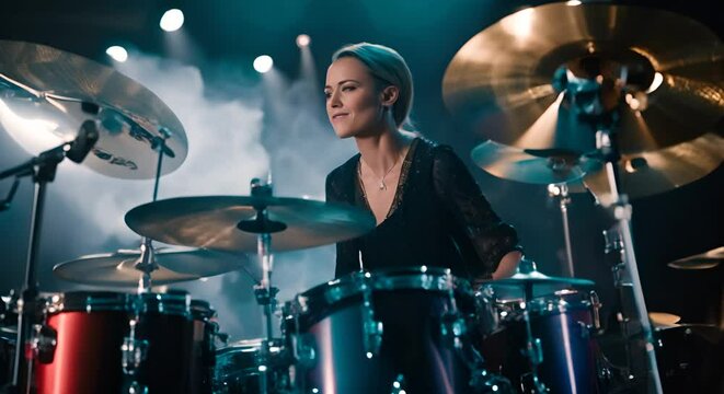 Female drummer playing the drums.