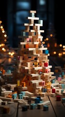 A wooden block tower built in the shape of a Christmas tree, with a warm glow of lights in the background.