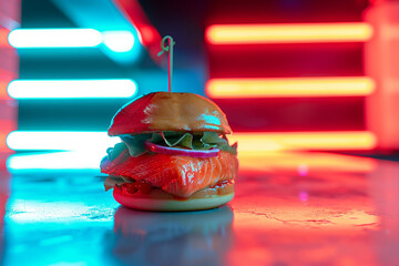 A salmon burger captured in a moment of serene beauty, with fluorescent and neon lights in cyan,...