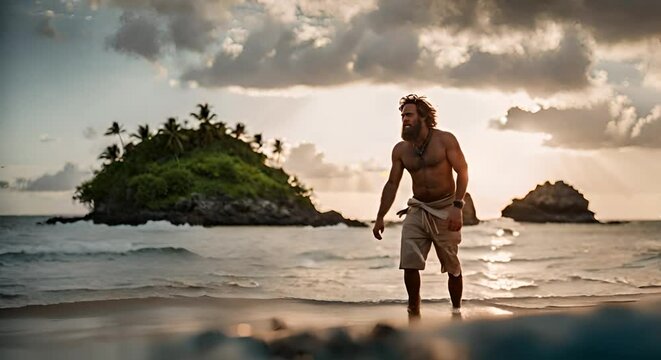 Man shipwrecked on an island.