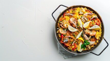 Delicious Paella on White Background Generative AI