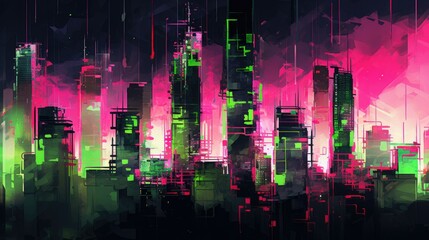 Abstract cityscape of towering skyscrapers in shades of neon green and cyberpunk pink