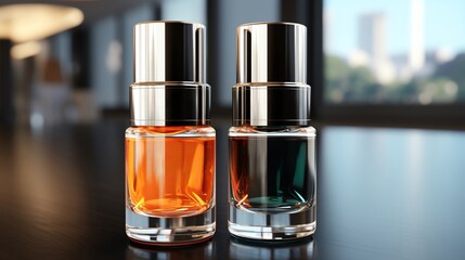 3d render of two perfume bottles on a glass table with a blurry background - obrazy, fototapety, plakaty