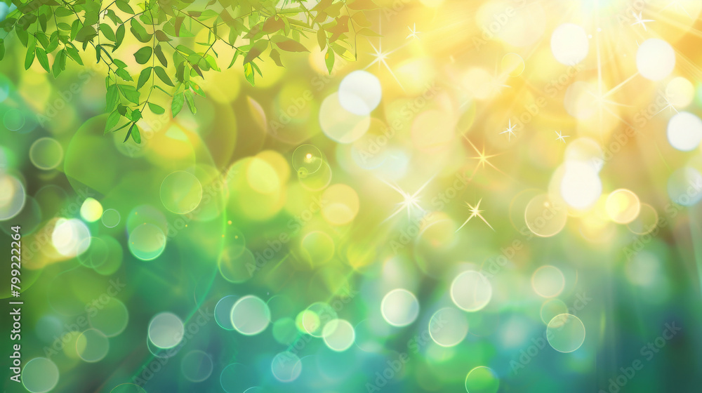Poster abstract summer backdrop with sunlight filtering through green leaves and sparkling bokeh