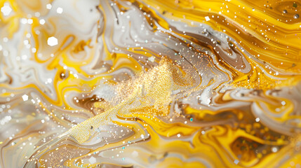 Glimmering citrine marble ink flowing through a radiant abstract scene, speckled with glitters in yellow and gold shades.