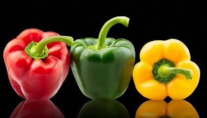Red, green and yellow pepper on the black background