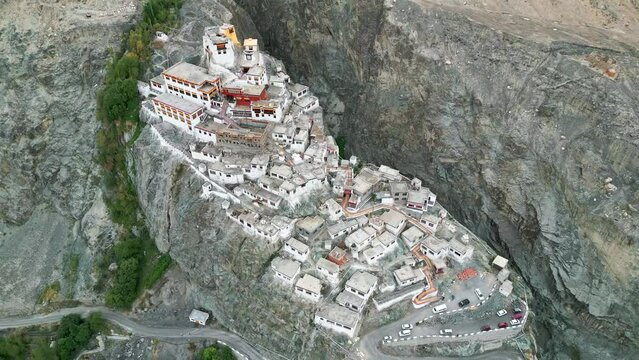 Diskit Monastery, Tibetan Monastery of Ladakh, Himalayas from drone, aerial view