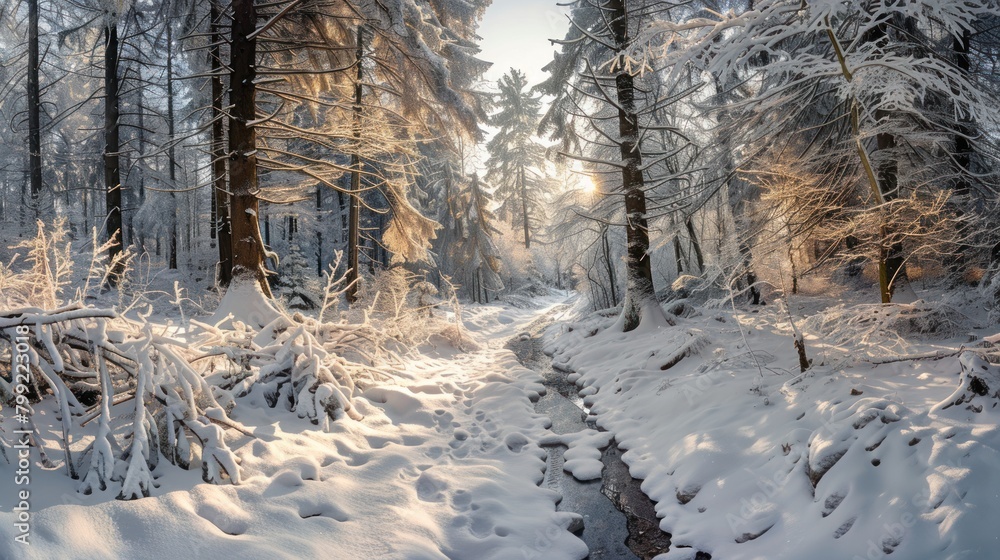 Poster a snowy forest with a stream running through it. the sunlight is shining through the trees, creating
