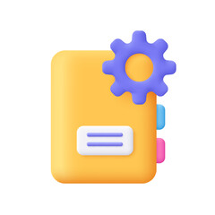 Book with cog gear wheel. Rules guideline or user manual book. Settings, instruction and support concept. 3d vector icon. Cartoon minimal style.