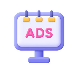 Advertising billboard with ads letter. Advertisement, marketing and promotion. 3d vector icon. Cartoon minimal style.