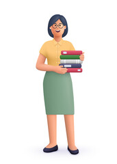 Woman holding book stack. Teacher, student or office worker. Education and knowledge concept. 3d vector people character illustration. Cartoon minimal style.