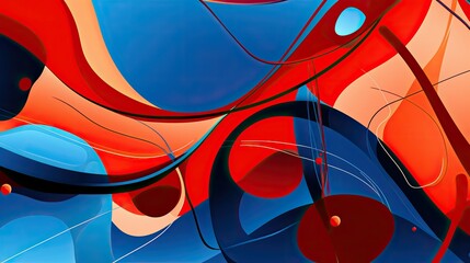 Bold abstract shapes intertwining in fiery red and cool azure