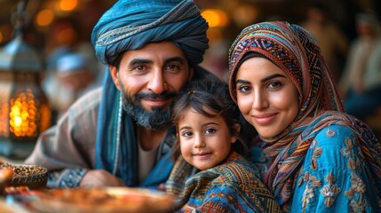 Ai Generative photo of a happy muslim family with ramadan lanterns in streets