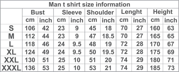 Male t shirt sizes information. vector - obrazy, fototapety, plakaty