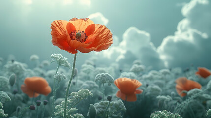 Obraz premium Wildflower Whimsy: A Peaceful Composition of Prairie Poppies and Soft Clouds