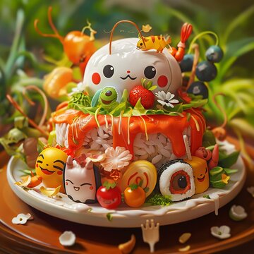Un delicioso pastel de sushi con un adorno que tiene una carite felíz