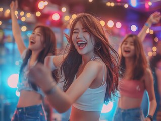 Three women are dancing and smiling at a party. Scene is happy and energetic