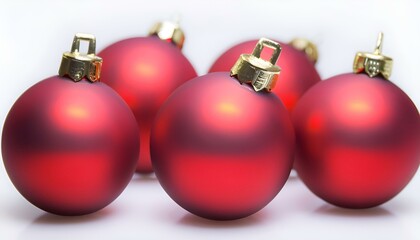 christmas balls,The image features five red matte Christmas ornaments arranged in a circle on a white background. The ornaments have a gold cap on top. The background is plain and white.
