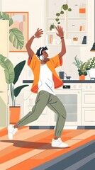flat Illustration of a young man dancing joyfully in a stylish living room while listening to music
