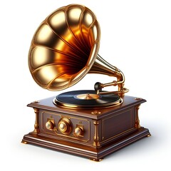 Vintage gramophone featuring a shiny golden horn
