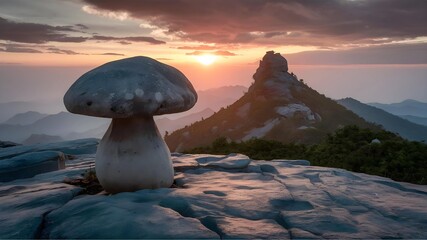 Mushroom-molded stone and perspective on the old brilliant culmination in Fanjing mountain in Guizhou China.