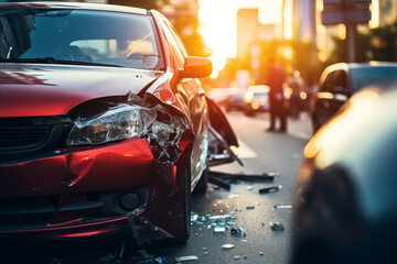 City traffic accident scene at sunset, highlighting red car with significant front-end damage, emphasizing the need for road safety and insurance.