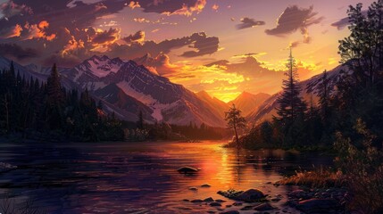 A beautiful mountain landscape with a river and a sunset in the background. The sky is filled with clouds and the sun is setting, creating a warm and peaceful atmosphere
