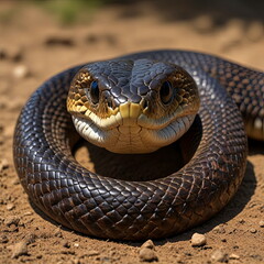 Obraz premium Close-up of a snake basking on the yellow desert sand.