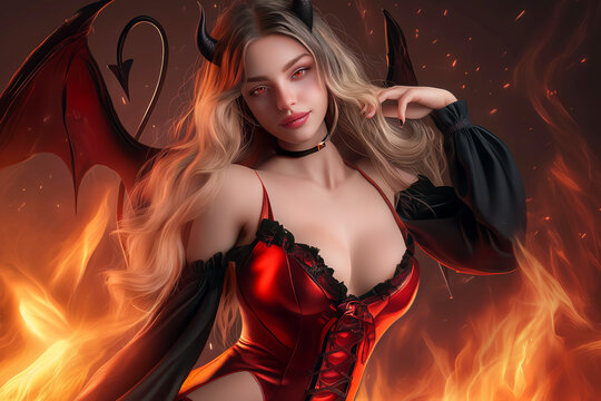 Blonde succubus in fiery devil costume, captivating allure for themed party events.