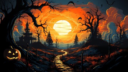A dark and stormy night. A full moon shines through the clouds. A jack-o'-lantern sits on the side of a dirt road. A haunted house looms in the distance.