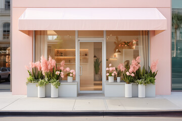 Chic urban flower shop with elegant pink awning and window displays