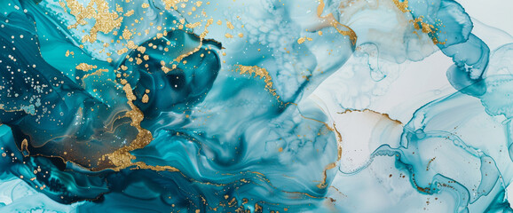 Ethereal turquoise marble ink meanders serenely through a captivating abstract scene, adorned with delicate glitters. - obrazy, fototapety, plakaty