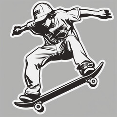 skateboarder ridding on ramp as a vector sticker, using only black lines and white fill