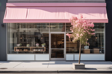 Modern shop with pink awning and decorative tree on urban street.