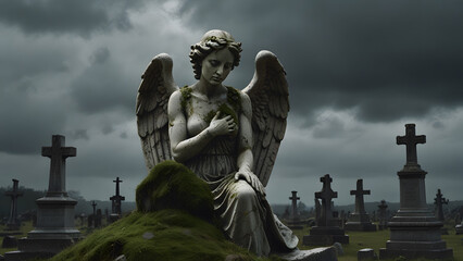 a cracked stone angel statue on a cemetery with overgrown foliage